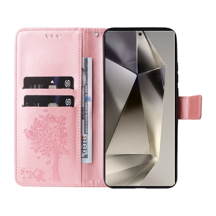 For Samsung Galaxy S25 Ultra 5G Tree & Cat Embossed Pattern Flip Leather Phone Case(Rose Gold) by buy2fix