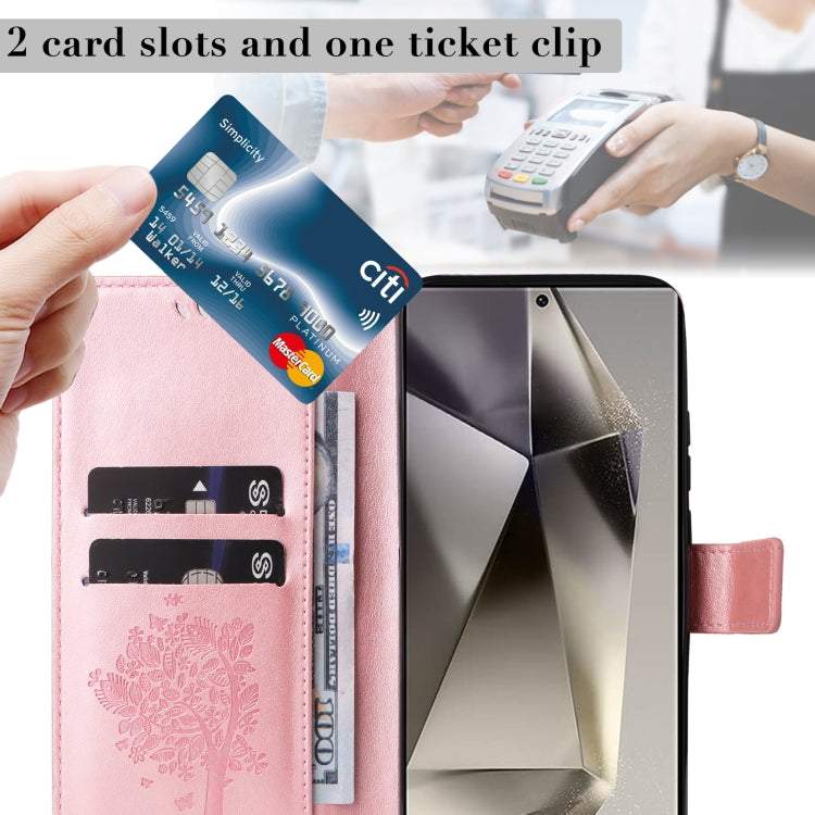 For Samsung Galaxy S25 Ultra 5G Tree & Cat Embossed Pattern Flip Leather Phone Case(Rose Gold) by buy2fix