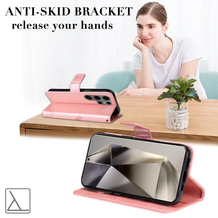 For Samsung Galaxy S25 Ultra 5G Tree & Cat Embossed Pattern Flip Leather Phone Case(Rose Gold) by buy2fix