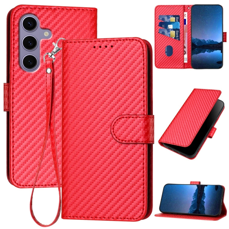 For Samsung Galaxy S25 5G YX0070 Carbon Fiber Buckle Leather Phone Case with Lanyard(Red) by buy2fix