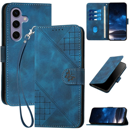 For Samsung Galaxy S25 5G Grid Butterfly Embossed Pattern Leather Phone Case with Lanyard(Dark Blue) by buy2fix
