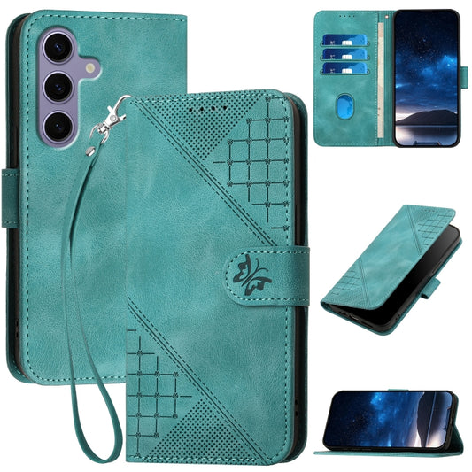 For Samsung Galaxy S25 5G Grid Butterfly Embossed Pattern Leather Phone Case with Lanyard(Light Blue) by buy2fix
