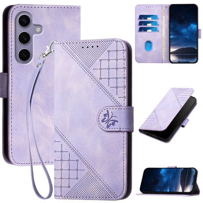 For Samsung Galaxy S25 5G Grid Butterfly Embossed Pattern Leather Phone Case with Lanyard(Light Purple) by buy2fix