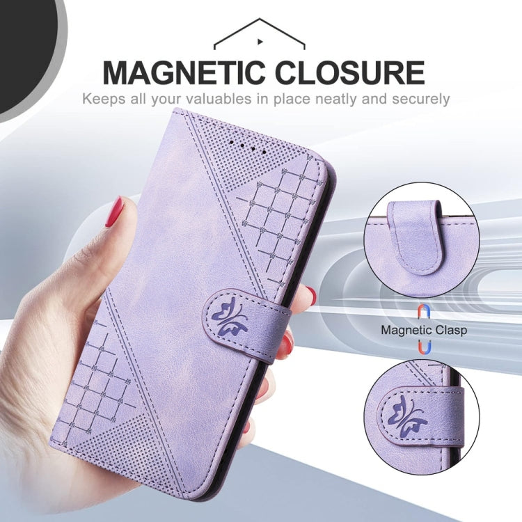 For Samsung Galaxy S25 5G Grid Butterfly Embossed Pattern Leather Phone Case with Lanyard(Light Purple) by buy2fix