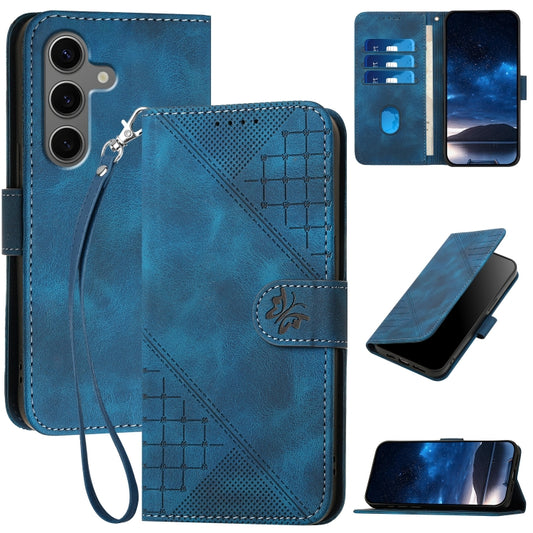 For Samsung Galaxy S25+ 5G Grid Butterfly Embossed Pattern Leather Phone Case with Lanyard(Dark Blue) by buy2fix