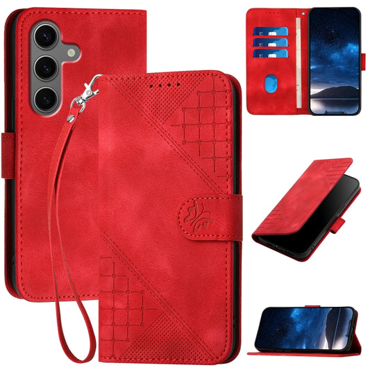 For Samsung Galaxy S25+ 5G Grid Butterfly Embossed Pattern Leather Phone Case with Lanyard(Red) by buy2fix