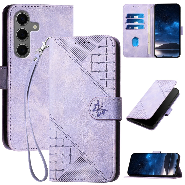 For Samsung Galaxy S25+ 5G Grid Butterfly Embossed Pattern Leather Phone Case with Lanyard(Light Purple) by buy2fix