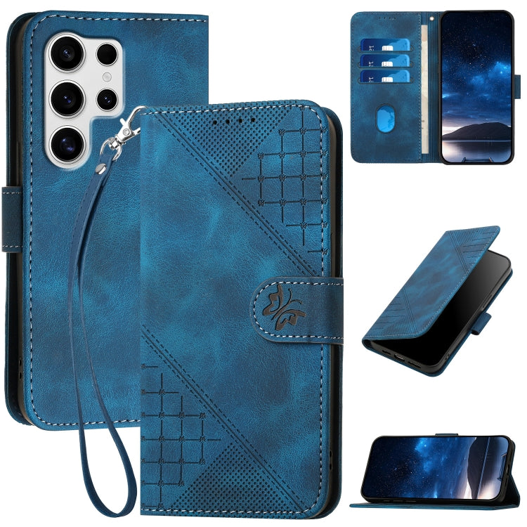 For Samsung Galaxy S25 Ultra 5G Grid Butterfly Embossed Pattern Leather Phone Case with Lanyard(Dark Blue) by buy2fix