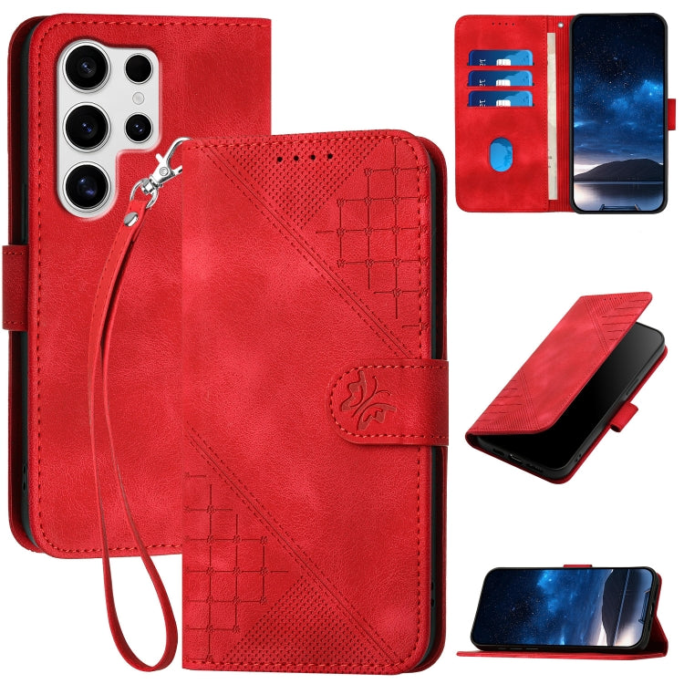 For Samsung Galaxy S25 Ultra 5G Grid Butterfly Embossed Pattern Leather Phone Case with Lanyard(Red) by buy2fix