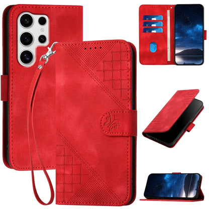 For Samsung Galaxy S25 Ultra 5G Grid Butterfly Embossed Pattern Leather Phone Case with Lanyard(Red) by buy2fix
