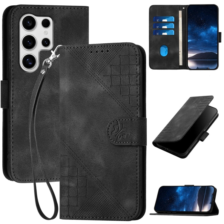 For Samsung Galaxy S25 Ultra 5G Grid Butterfly Embossed Pattern Leather Phone Case with Lanyard(Black) by buy2fix