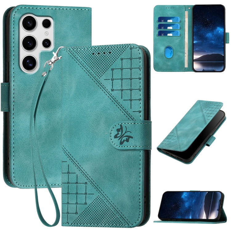 For Samsung Galaxy S25 Ultra 5G Grid Butterfly Embossed Pattern Leather Phone Case with Lanyard(Light Blue) by buy2fix