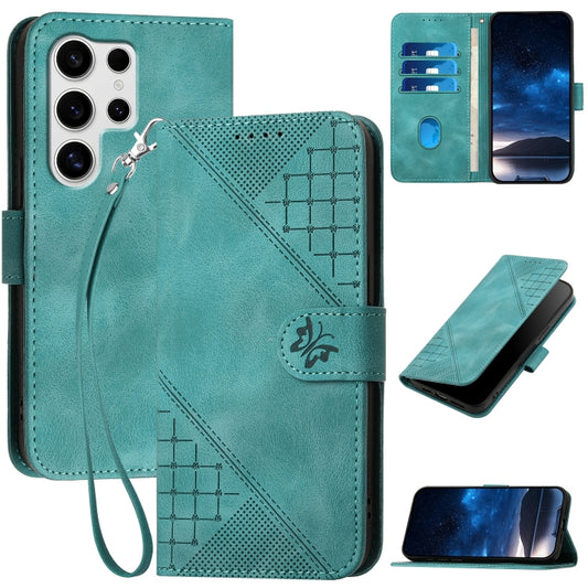 For Samsung Galaxy S25 Ultra 5G Grid Butterfly Embossed Pattern Leather Phone Case with Lanyard(Light Blue) by buy2fix