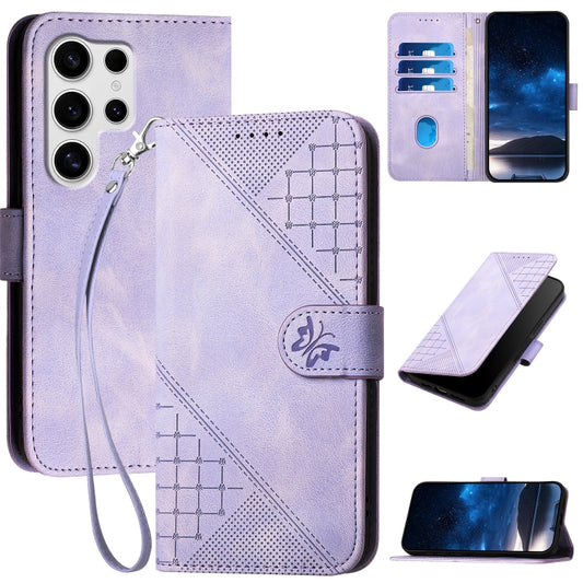 For Samsung Galaxy S25 Ultra 5G Grid Butterfly Embossed Pattern Leather Phone Case with Lanyard(Light Purple) by buy2fix