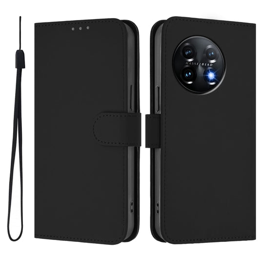 For OnePlus 11 Skin Feel Solid Color Leather Phone Case with Lanyard(Black) - OnePlus Cases by buy2fix | Online Shopping UK | buy2fix