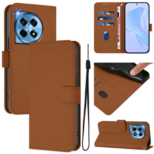 For OnePlus 12 5G Global Skin Feel Solid Color Leather Phone Case with Lanyard(Brown) - OnePlus Cases by buy2fix | Online Shopping UK | buy2fix