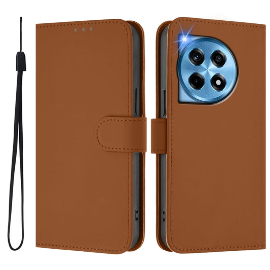 For OnePlus 12 5G Global Skin Feel Solid Color Leather Phone Case with Lanyard(Brown) - OnePlus Cases by buy2fix | Online Shopping UK | buy2fix