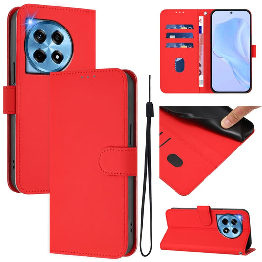For OnePlus 12 5G Global Skin Feel Solid Color Leather Phone Case with Lanyard(Red) - OnePlus Cases by buy2fix | Online Shopping UK | buy2fix