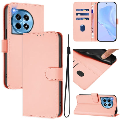 For OnePlus 12 5G Global Skin Feel Solid Color Leather Phone Case with Lanyard(Pink) - OnePlus Cases by buy2fix | Online Shopping UK | buy2fix
