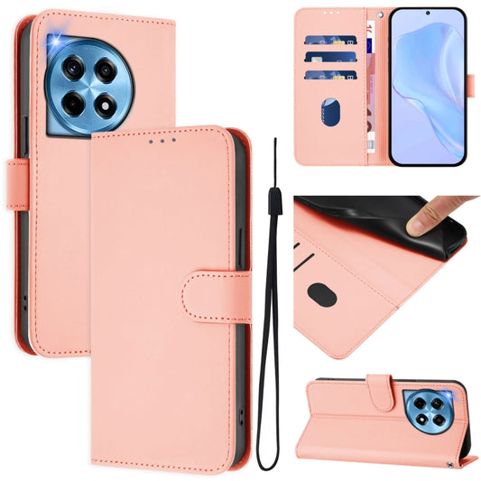For OnePlus 12 5G Global Skin Feel Solid Color Leather Phone Case with Lanyard(Pink) - OnePlus Cases by buy2fix | Online Shopping UK | buy2fix