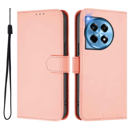 For OnePlus 12 5G Global Skin Feel Solid Color Leather Phone Case with Lanyard(Pink) - OnePlus Cases by buy2fix | Online Shopping UK | buy2fix