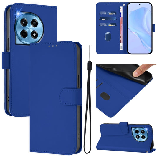 For OnePlus 12 5G Global Skin Feel Solid Color Leather Phone Case with Lanyard(Dark Blue) - OnePlus Cases by buy2fix | Online Shopping UK | buy2fix