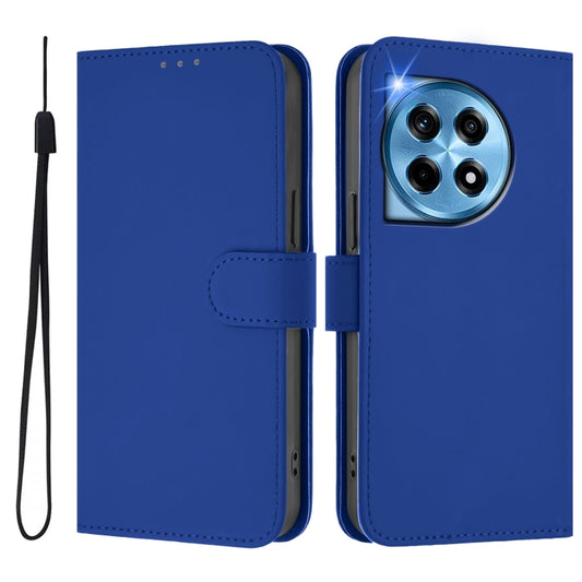 For OnePlus 12 5G Global Skin Feel Solid Color Leather Phone Case with Lanyard(Dark Blue) - OnePlus Cases by buy2fix | Online Shopping UK | buy2fix