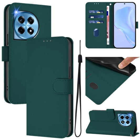 For OnePlus 12 5G Global Skin Feel Solid Color Leather Phone Case with Lanyard(Dark Green) - OnePlus Cases by buy2fix | Online Shopping UK | buy2fix