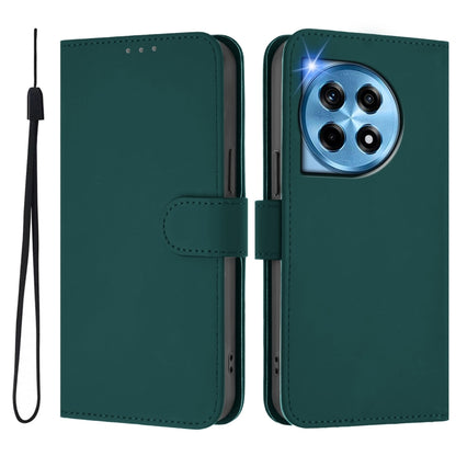 For OnePlus 12 5G Global Skin Feel Solid Color Leather Phone Case with Lanyard(Dark Green) - OnePlus Cases by buy2fix | Online Shopping UK | buy2fix