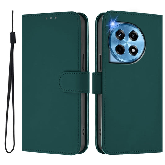 For OnePlus 12 5G Global Skin Feel Solid Color Leather Phone Case with Lanyard(Dark Green) - OnePlus Cases by buy2fix | Online Shopping UK | buy2fix