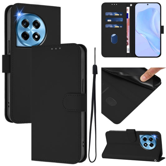 For OnePlus 12 5G Global Skin Feel Solid Color Leather Phone Case with Lanyard(Black) - OnePlus Cases by buy2fix | Online Shopping UK | buy2fix