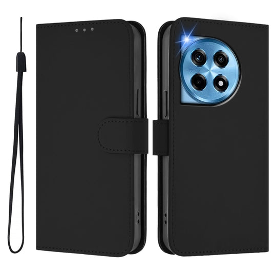 For OnePlus 12 5G Global Skin Feel Solid Color Leather Phone Case with Lanyard(Black) - OnePlus Cases by buy2fix | Online Shopping UK | buy2fix