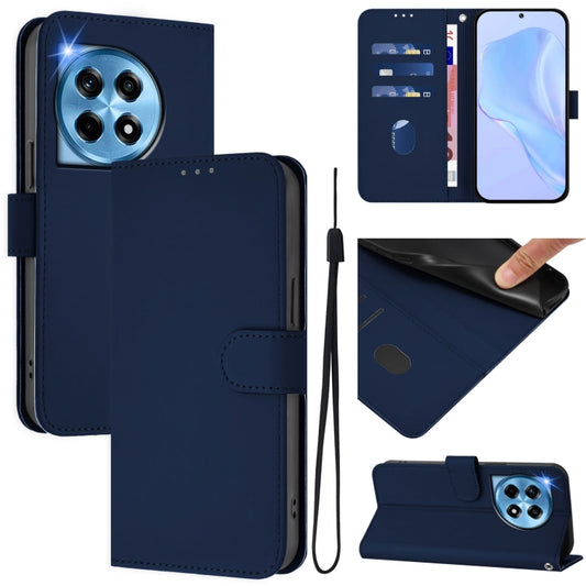 For OnePlus 12 5G Global Skin Feel Solid Color Leather Phone Case with Lanyard(Navy Blue) - OnePlus Cases by buy2fix | Online Shopping UK | buy2fix