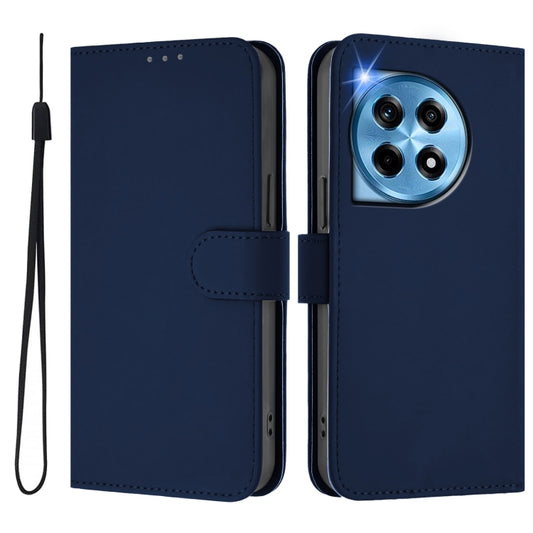 For OnePlus 12 5G Global Skin Feel Solid Color Leather Phone Case with Lanyard(Navy Blue) - OnePlus Cases by buy2fix | Online Shopping UK | buy2fix