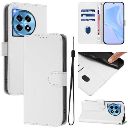 For OnePlus 12 5G Global Skin Feel Solid Color Leather Phone Case with Lanyard(White) - OnePlus Cases by buy2fix | Online Shopping UK | buy2fix