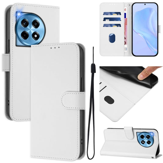 For OnePlus 12 5G Global Skin Feel Solid Color Leather Phone Case with Lanyard(White) - OnePlus Cases by buy2fix | Online Shopping UK | buy2fix