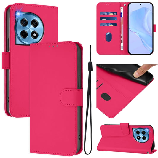 For OnePlus 12 5G Global Skin Feel Solid Color Leather Phone Case with Lanyard(Rose Red) - OnePlus Cases by buy2fix | Online Shopping UK | buy2fix