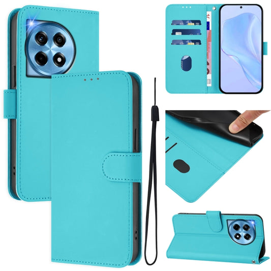 For OnePlus 12 5G Global Skin Feel Solid Color Leather Phone Case with Lanyard(Lake Blue) - OnePlus Cases by buy2fix | Online Shopping UK | buy2fix