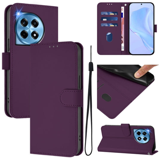 For OnePlus 12 5G Global Skin Feel Solid Color Leather Phone Case with Lanyard(Violet) - OnePlus Cases by buy2fix | Online Shopping UK | buy2fix