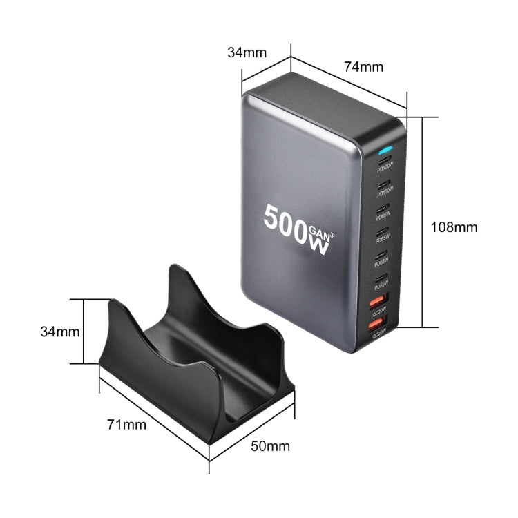 500W GaN 6 Type-C 2 USB Multi Ports Sharing Desktop Charger, Plug:EU Plug(Grey) - Multifunction Charger by buy2fix | Online Shopping UK | buy2fix