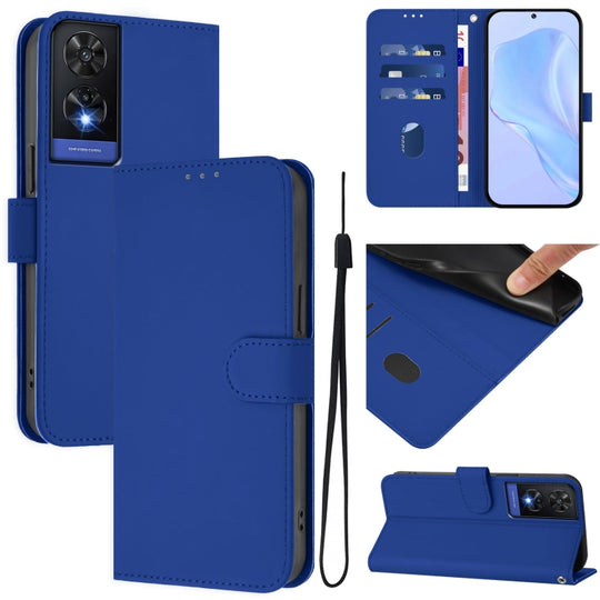 For TCL 505 Skin Feel Solid Color Leather Phone Case with Lanyard(Dark Blue)