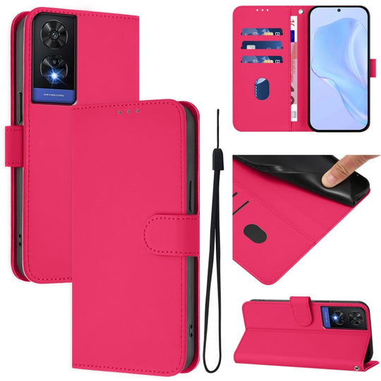 For TCL 505 Skin Feel Solid Color Leather Phone Case with Lanyard(Rose Red)