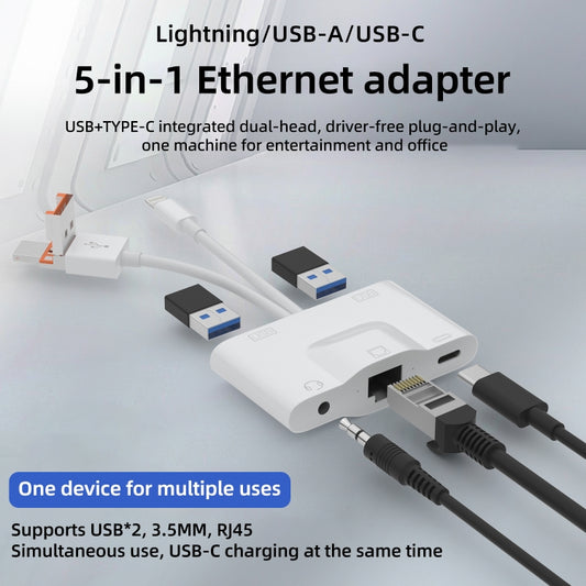 NK-1033TL Pro USB-C / Type-C, 8 Pin, USB to USB-C / Type-C, 2 x USB, RJ45, 3.5mm Multi-function Adapter(White) - Converter & Adapter by buy2fix | Online Shopping UK | buy2fix