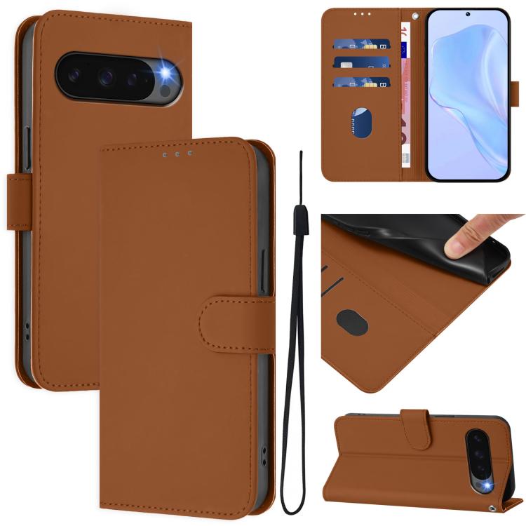 For Google Pixel 10 Pro XL Skin Feel Solid Color Leather Phone Case with Lanyard(Brown) - Google Cases by buy2fix | Online Shopping UK | buy2fix