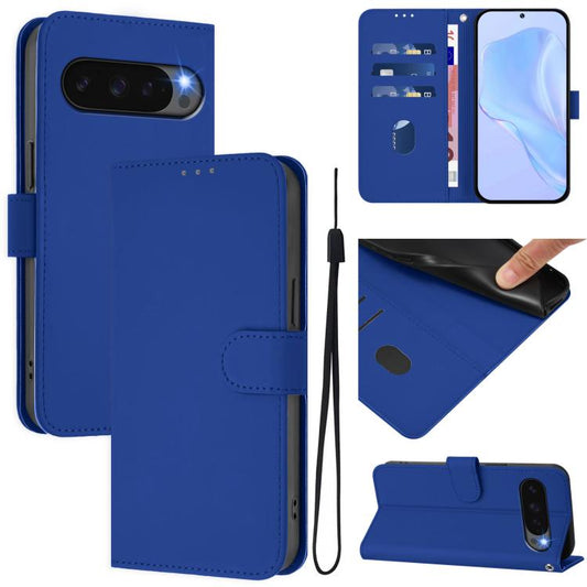 For Google Pixel 10 Pro XL Skin Feel Solid Color Leather Phone Case with Lanyard(Dark Blue) - Google Cases by buy2fix | Online Shopping UK | buy2fix