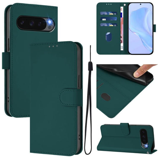 For Google Pixel 10 Pro XL Skin Feel Solid Color Leather Phone Case with Lanyard(Dark Green) - Google Cases by buy2fix | Online Shopping UK | buy2fix