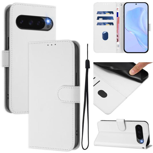 For Google Pixel 10 Pro XL Skin Feel Solid Color Leather Phone Case with Lanyard(White) - Google Cases by buy2fix | Online Shopping UK | buy2fix