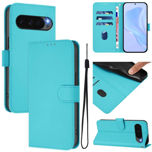 For Google Pixel 10 Pro XL Skin Feel Solid Color Leather Phone Case with Lanyard(Lake Blue) - Google Cases by buy2fix | Online Shopping UK | buy2fix