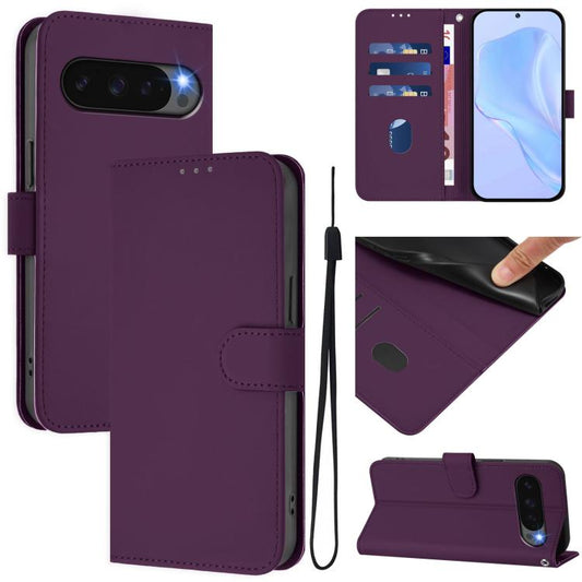 For Google Pixel 10 Pro XL Skin Feel Solid Color Leather Phone Case with Lanyard(Violet) - Google Cases by buy2fix | Online Shopping UK | buy2fix