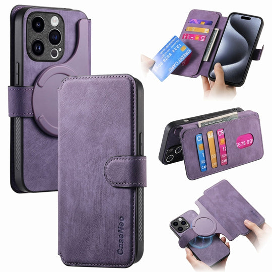 For iPhone 15 Pro Max CaseNeo MagSafe RFID Anti-theft Retro Leather Phone Case(Purple)